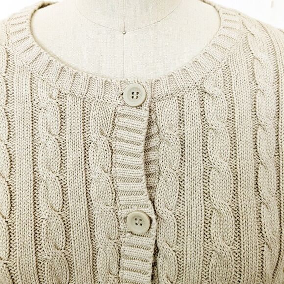 LL Bean Cable Knit Cardigan Sweater Light Tan Beige Womens XL NWOT Cotton Comfy - Picture 4 of 4